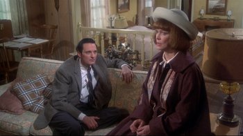 Movie still from “Same Time, Next Year” (1978), directed by Robert Mulligan – A man and a woman sitting on a couch in a living room; Medium shot, High angle