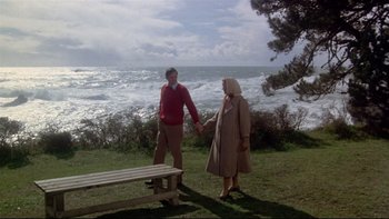 Movie still from “Same Time, Next Year” (1978), directed by Robert Mulligan – A man and a woman standing next to a bench; Wide shot, High angle