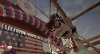 Movie still from “Sausage Party” (2016), directed by Greg Tiernan – An animated character with glasses is in the air; Wide shot, Low angle