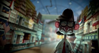 Movie still from “Sausage Party” (2016), directed by Greg Tiernan – An animated character is wearing a shirt and a tie; Close Up shot, Low angle