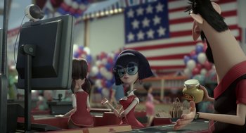 Movie still from “Sausage Party” (2016), directed by Greg Tiernan – A computer screen with a cartoon of a woman sitting in front of a computer screen; Medium shot, Over the shoulder angle