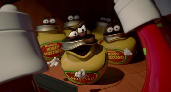 Movie still from “Sausage Party” (2016), directed by Greg Tiernan – A group of jars with faces on top of them; Extreme Close Up shot, Overhead angle