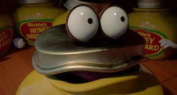 Movie still from “Sausage Party” (2016), directed by Greg Tiernan – View of the eyes of a cartoon character; Extreme Close Up shot, High angle
