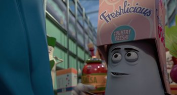 Movie still from “Sausage Party” (2016), directed by Greg Tiernan – A cartoon character's face; Close Up shot, Low angle