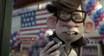 Movie still from “Sausage Party” (2016), directed by Greg Tiernan – An animated man with glasses talking on a cell phone in front of an american flag; Close Up shot, Low angle