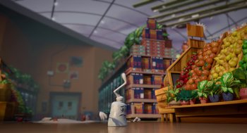 Movie still from “Sausage Party” (2016), directed by Greg Tiernan – An image of an animated scene of a building; Extreme Wide shot, Low angle