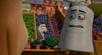 Movie still from “Sausage Party” (2016), directed by Greg Tiernan – A cartoon character holding a wire; Close Up shot, Over the shoulder angle