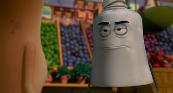 Movie still from “Sausage Party” (2016), directed by Greg Tiernan – A cartoon character with a sad face on it's head; Close Up shot, Over the shoulder angle