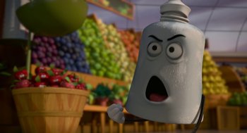Movie still from “Sausage Party” (2016), directed by Greg Tiernan – A cartoon bottle with a surprised face in a store; Extreme Close Up shot, Low angle