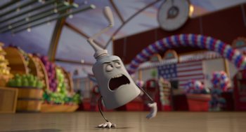 Movie still from “Sausage Party” (2016), directed by Greg Tiernan – An animated character with a sad face and arms and legs in the air; Wide shot, Low angle