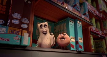 Movie still from “Sausage Party” (2016), directed by Greg Tiernan – A couple of cartoon characters sitting next to each other on a shelf; Medium shot, Low angle