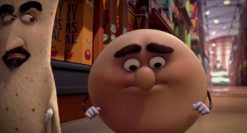 Movie still from “Sausage Party” (2016), directed by Greg Tiernan – A character's face in a cartoon; Close Up shot, Low angle