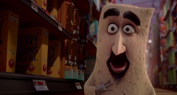 Movie still from “Sausage Party” (2016), directed by Greg Tiernan – A cartoon character with an expression of surprise; Close Up shot, Over the shoulder angle
