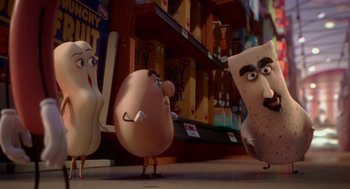 Movie still from “Sausage Party” (2016), directed by Greg Tiernan – A group of cartoon characters standing next to each other on a counter; Medium shot, Over the shoulder angle