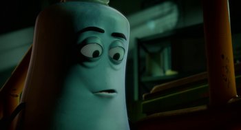 Movie still from “Sausage Party” (2016), directed by Greg Tiernan – A cartoon character's face with eyes wide open; Close Up shot, Over the shoulder angle