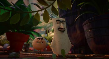 Movie still from “Sausage Party” (2016), directed by Greg Tiernan – Two cartoon characters sitting next to each other on a table; Wide shot, Low angle