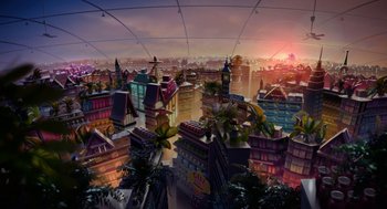 Movie still from “Sausage Party” (2016), directed by Greg Tiernan – An aerial view of a city at sunset; Extreme Wide shot, High angle