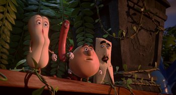 Movie still from “Sausage Party” (2016), directed by Greg Tiernan – A group of characters from sausage party standing next to each other on a ledge; Close Up shot, Low angle