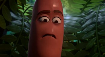 Movie still from “Sausage Party” (2016), directed by Greg Tiernan – A sausage bun with a sad look on its face; Close Up shot, High angle