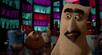 Movie still from “Sausage Party” (2016), directed by Greg Tiernan – A couple of people that are sitting in a room together; Close Up shot, Over the shoulder angle