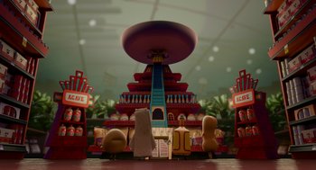 Movie still from “Sausage Party” (2016), directed by Greg Tiernan – An amusement park with a ferris wheel and a carousel; Extreme Wide shot, Low angle