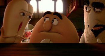 Movie still from “Sausage Party” (2016), directed by Greg Tiernan – The face of a character in a cartoon; Close Up shot, Low angle