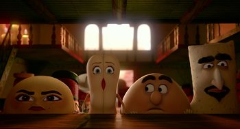 Movie still from “Sausage Party” (2016), directed by Greg Tiernan – A group of people sitting at a table with a hot dog in front of them; Close Up shot, Low angle