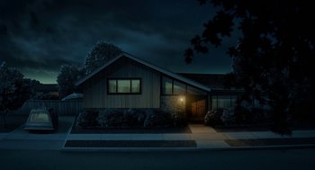 Movie still from “Sausage Party” (2016), directed by Greg Tiernan – A night time scene of a house in the dark; Extreme Wide shot, High angle