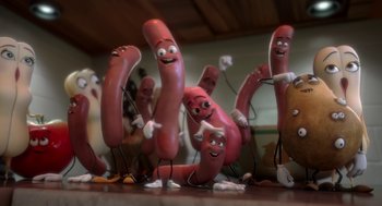 Movie still from “Sausage Party” (2016), directed by Greg Tiernan – A bunch of hot dogs that are on the floor; Extreme Close Up shot, High angle