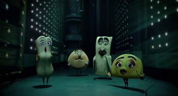 Movie still from “Sausage Party” (2016), directed by Greg Tiernan – A group of cartoon characters standing next to each other; Wide shot, Low angle