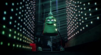 Movie still from “Sausage Party” (2016), directed by Greg Tiernan – A green lamp is lit up in a dark room; Extreme Close Up shot, Low angle