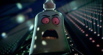 Movie still from “Sausage Party” (2016), directed by Greg Tiernan – A bottle with a surprised look on its face; Extreme Close Up shot, Low angle