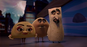 Movie still from “Sausage Party” (2016), directed by Greg Tiernan – A couple of people standing next to each other; Medium shot, High angle