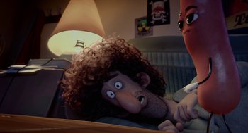 Movie still from “Sausage Party” (2016), directed by Greg Tiernan – An image of an animated character with a hairy face; Close Up shot, High angle