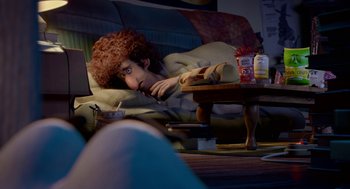 Movie still from “Sausage Party” (2016), directed by Greg Tiernan – A person laying on a couch next to a coffee table; Wide shot, Overhead angle