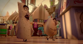Movie still from “Sausage Party” (2016), directed by Greg Tiernan – A couple of cartoon characters walking around a building; Wide shot, Over the shoulder angle