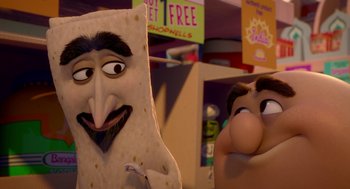 Movie still from “Sausage Party” (2016), directed by Greg Tiernan – A couple of people that are standing next to each other; Close Up shot, Over the shoulder angle