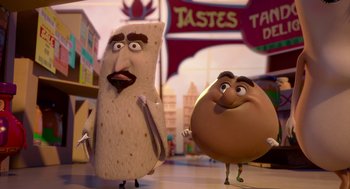 Movie still from “Sausage Party” (2016), directed by Greg Tiernan – A taco and a tortilla are standing next to one another; Medium shot, Low angle