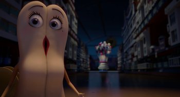 Movie still from “Sausage Party” (2016), directed by Greg Tiernan – An image of an animated character in a city setting; Close Up shot, Low angle