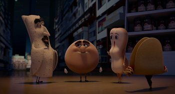 Movie still from “Sausage Party” (2016), directed by Greg Tiernan – A group of cartoon characters standing next to each other on the floor; Wide shot, Low angle