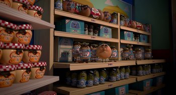 Movie still from “Sausage Party” (2016), directed by Greg Tiernan – A shelf full of many jars of pickles and pickles; Medium shot, High angle