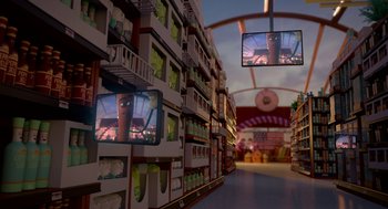 Movie still from “Sausage Party” (2016), directed by Greg Tiernan – A store filled with lots of shelves and displays of food; Extreme Wide shot, High angle