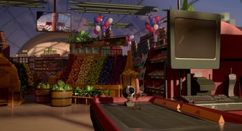 Movie still from “Sausage Party” (2016), directed by Greg Tiernan – An image of an animated scene in a store; Extreme Wide shot, High angle