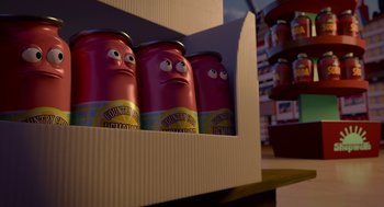 Movie still from “Sausage Party” (2016), directed by Greg Tiernan – A cardboard box of soda cans with faces drawn on them; Medium shot, Low angle