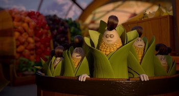 Movie still from “Sausage Party” (2016), directed by Greg Tiernan – A group of corn heads with faces on them; Medium shot, Low angle