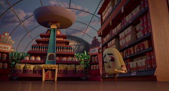 Movie still from “Sausage Party” (2016), directed by Greg Tiernan – An animated picture of a store with a large amount of food; Extreme Wide shot, High angle