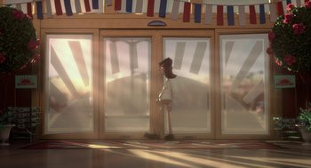 Movie still from “Sausage Party” (2016), directed by Greg Tiernan – A person standing in front of a building with many windows; Extreme Wide shot, Low angle