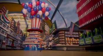 Movie still from “Sausage Party” (2016), directed by Greg Tiernan – An amusement ride with balloons in the shape of an uncle sam hat; Extreme Wide shot, High angle