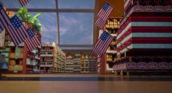 Movie still from “Sausage Party” (2016), directed by Greg Tiernan – An image of an american flag in a grocery store; Extreme Wide shot, Low angle