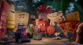 Movie still from “Sausage Party” (2016), directed by Greg Tiernan – A group of cartoon characters sitting around a table; Wide shot, Overhead angle